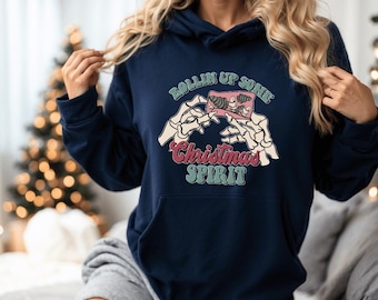 Rollin Up Some Christmas Spirit Hoodie,Skeleton Christmas,420 Christmas,Christmas Joint,Holiday festive pullover,Cozy Winter Hoodie,free