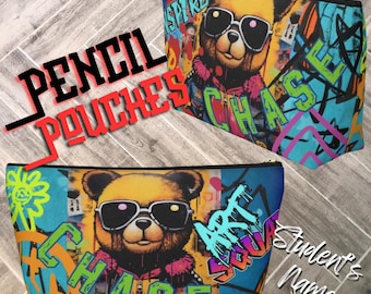 Hipster Bear Themed Personalized Pencil Pouch,Back To School,Lunch Bag, Customizable,Unique For Every Child,Fun Themes,Backpack,Ships Fast