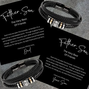 Puede incluir: Pulsera de cuero trenzado negro con detalles plateados y dorados. La pulsera tiene un cierre magnético con las palabras "love you forever" grabadas. La imagen incluye el texto "Father-Son" y "The Very Best Of Friends".