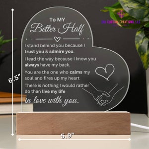 Acryl Herz Plakette, zu meiner besseren Hälfte, Farbwechsel Lichter, personalisierte Geschenk, Geschenk für ihn, für sie, Geburtstag, Jubiläum, besonderes Geschenk