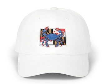 Boné de beisebol bordado com a bandeira de Maryland e um caranguejo azul