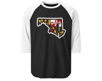 Camiseta Raglan com o Contorno da Bandeira de Maryland | Camiseta de Beisebol com Mapa do Estado