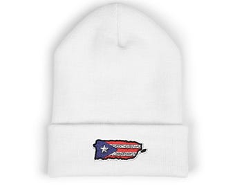 Gorro de malha com bordado da bandeira de Porto Rico | Gorro de tricô com aba dobrada