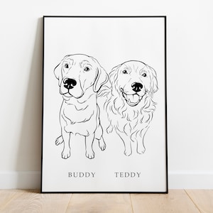 Portrait personnalisé de 2 animaux de compagnie, dessin de 2 chiens ensemble, dessin au trait de chien, contour de chien, portraits de chien minimalistes, portrait de chien à partir d'une photo