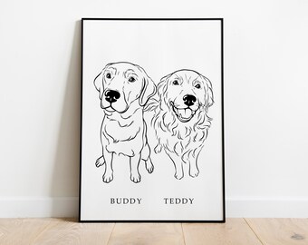 Сustom 2 Pets Potrait, 2 Dogs Together Drawing, Dog Line Art, Dog Outline, Minimalist Dog Portraits, Dog Portrait From Photo
