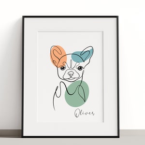 May include: Line art drawing of a dog with colorful abstract shapes behind it. The dog's name, Oliver, is written below the image.