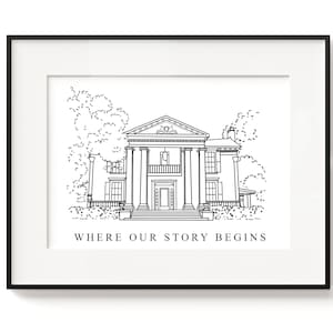 May include: A black and white line drawing of a large house with columns and a porch. The house is surrounded by trees and bushes. The text "WHERE OUR STORY BEGINS" is printed below the house.