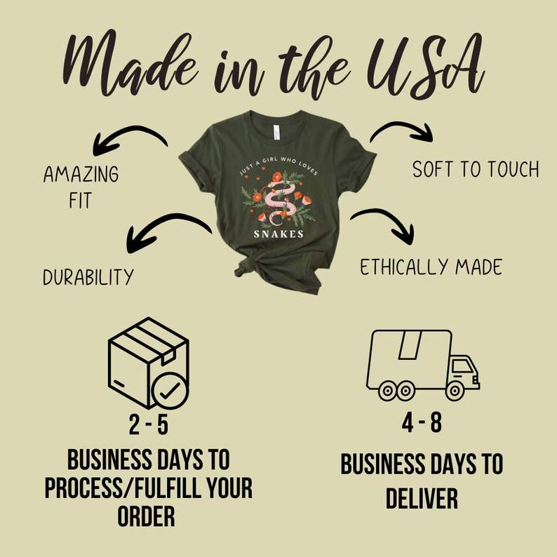 May include: A green t-shirt with the text "Just a girl who loves snakes" and a graphic of a snake with flowers. The shirt is made in the USA and is soft to the touch, ethically made, and has an amazing fit. The shirt is shown on a light green background with arrows pointing to the shirt's features.