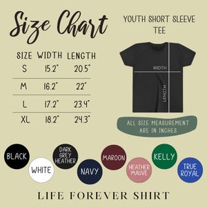 May include: Size chart for youth short sleeve tee shirts.  Sizes range from S to XL with width and length measurements in inches.  Color options include black, white, dark grey heather, navy, maroon, heather mauve, kelly, and true royal.