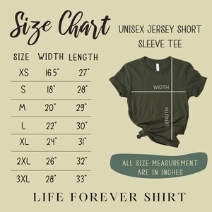 May include: Size chart for a unisex jersey short sleeve tee. The chart shows sizes XS through 3XL with corresponding width and length measurements in inches.
