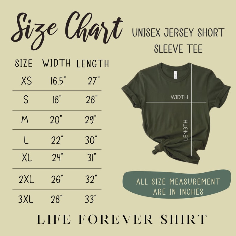 May include: Size chart for a unisex jersey short sleeve tee. The chart shows sizes XS through 3XL with corresponding width and length measurements in inches.