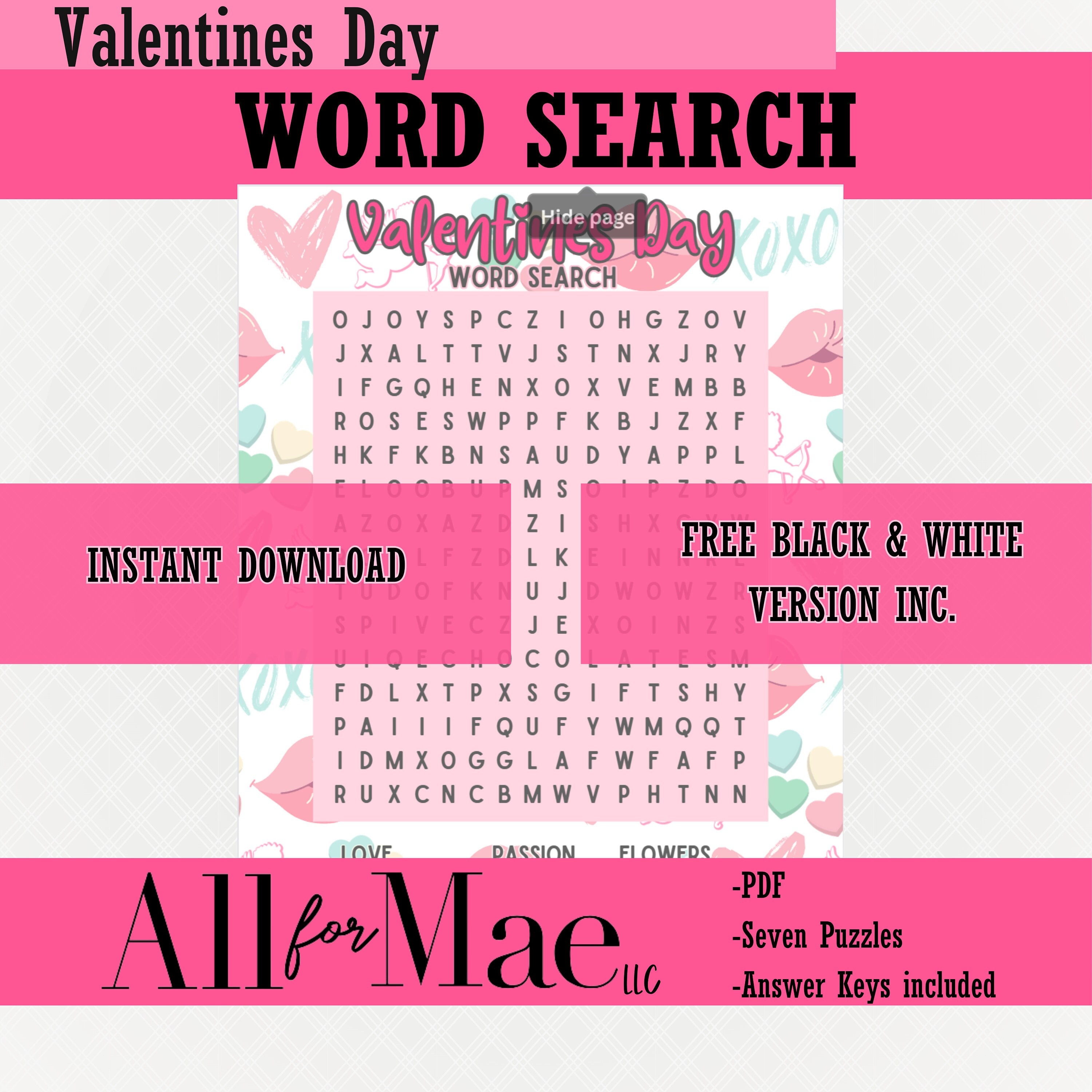 Valentines Day Word Search for Kids, Adults, Digital Game, Printable ...
