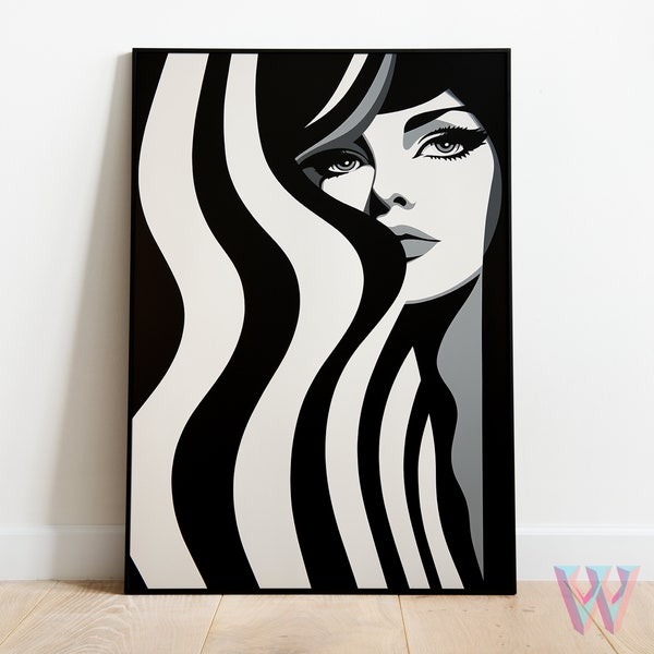 Black and White Art 70s - Inspired Woman Poster, Monochrome Digital Art, Modish Female Portrait, Printable Wall Decor, JPG/PDF 300 DPI