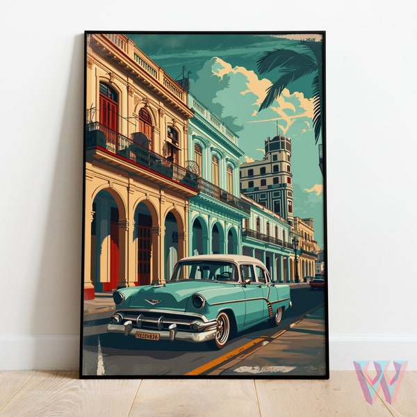 Cuba Travel Poster Digital Download, Art Deco Style Retro Cuba Wall Art, Vintage Printable Home Decor, 300 DPI JPG PDF