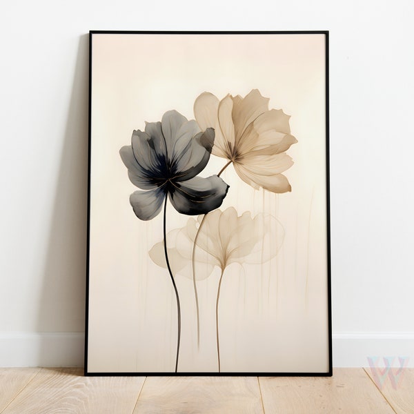 Beige Black Cosmo Flowers Digital Print, Chic Abstract Floral Art Poster, A4 Minimalist Botanical Download, Soft Tones Home Wall Decor PDF