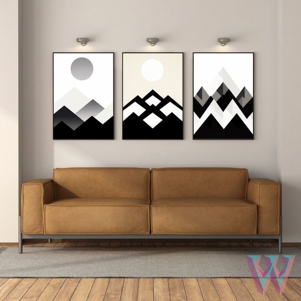 Geometric Mountains Poster Set - Minimalist Triptych Peaks Digital Art - Chic Modern Monochrome Home Decor - Instant PDF/JPG Download