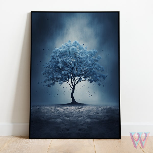 Midnight Blue Serenity Tree Digital Print - A4 Large Abstract Landscape Poster, High-Quality 300 DPI Downloadable Art, Moody Wall Decor