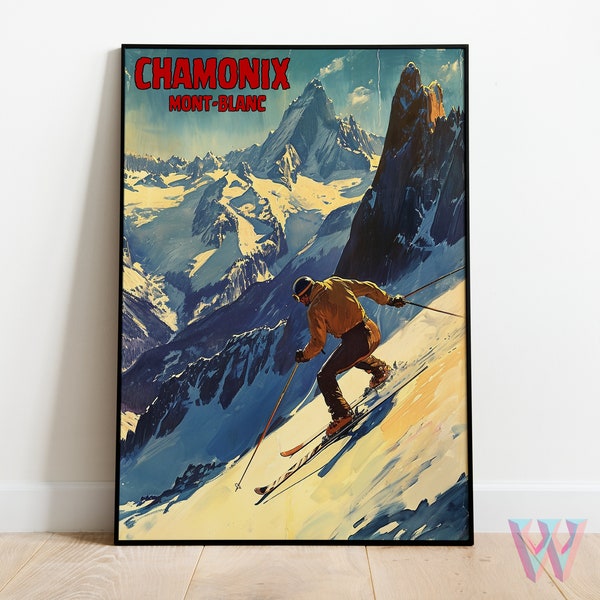 Mont-Blanc Poster Skiing Digital Art, Retro French Alps Ski Poster Download, 300DPI Vintage Skier Wall Decor, Unique Ski Gift, PDF/JPG
