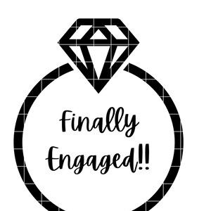Könnte beinhalten: Schwarz-weiß-Illustration eines Diamantrings mit dem Text "finally engaged!" im Ring.