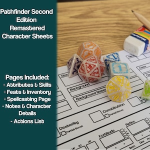 Könnte beinhalten: Ein Satz bunter Würfel mit weißen und schwarzen Markierungen, ein Bleistift und ein weißer Radiergummi auf einem gedruckten Charakterbogen für das Pathfinder Second Edition Remastered Spiel. Das Charakterblatt enthält Abschnitte für Attribute, Fertigkeiten, Talente, Inventar, Zauber, Notizen und Aktionen.