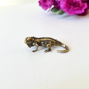 May include: A small, gold-colored metal figurine of a lizard. The lizard is posed in a walking position with its tail curled.