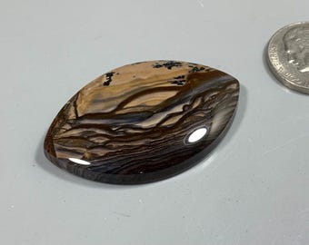 May include: A polished, oval-shaped stone with a unique, layered pattern of brown, tan, and black colors. The stone has a smooth, glossy finish.
