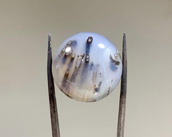 May include: A white agate cabochon with brown dendritic inclusions. The cabochon is round and has a smooth, polished surface.