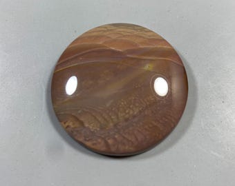 May include: A round, polished stone with a brown and tan color scheme. The stone has a glossy finish and a natural, layered pattern. Two white, oval-shaped reflections are visible on the surface. The stone appears to be a decorative item or a natural element.