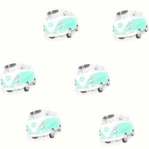 May include: A repeating pattern featuring multiple illustrations of a vintage-style camper van. Each van is colored in a soft mint green and white, showcasing a classic rounded front design with a prominent circular emblem on the front panel.