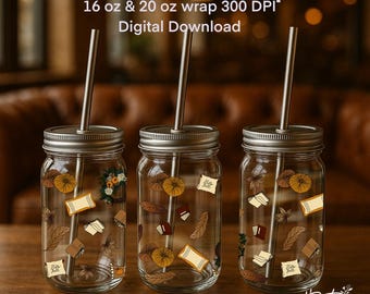 Hello Fall Glass Can Wrap PNG: Autumn Wreaths & Cozy Books (Digital Download)