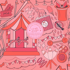 May include: A pink and red circus-themed digital download illustration. The image features a carousel, an elephant on peanuts, a magician's hat, a unicycle, and circus tickets. Text includes "CIRCUS" and "peanuts in a bag 50p".