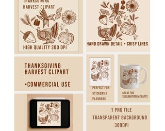 Thanksgiving Turkey Clipart Fall Harvest PNG Hand Drawn Line Art Digital Download