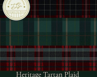May include: A digital collection of three seamless tartan plaid patterns featuring red, black, dark green, and grey color schemes. A circular logo in the top left corner reads Digital Downloads Designs by Zette. Text at the bottom reads Heritage Tartan Plaid Collection Seamless Pattern 300 DPI 4000 x 4000 px.