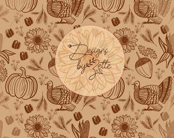 Autumn Harvest Turkey Thanksgiving Seamless Pattern Instant Digital Download