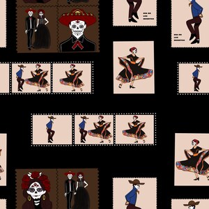 May include: A repeating pattern featuring illustrations of Day of the Dead imagery. The design includes figures in traditional attire, sugar skull faces, and the text "Dia de los Muertos" on a black background.