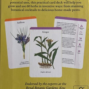 Peut inclure: Un jeu de cartes sur les herbes, avec des illustrations de safran et de gingembre. La carte de safran montre une fleur violette, et celle de gingembre, les racines et les feuilles. Le jeu est approuv&eacute; par les Jardins botaniques royaux de Kew.