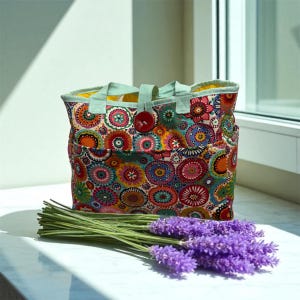 Könnte beinhalten: Eine bunte Tragetasche mit einem Blumenmuster in Rot-, Orange-, Blau- und Gelbtönen. Die Tasche hat hellgrüne Griffe und einen roten Knopfverschluss. Ein Lavendelstrauß liegt vor der Tasche.