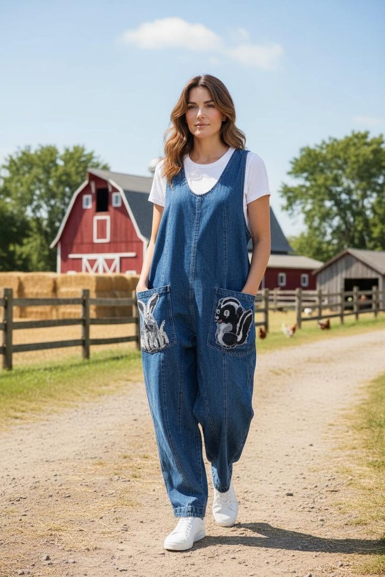 May include: A denim jumpsuit with embroidered animal pocket details. The blue jumpsuit features a white t-shirt underneath and white sneakers. The pockets are decorated with a rabbit and a skunk. The background includes a red barn and a wooden fence.