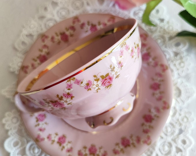 Tea Cup Roses | Pink porcelain | Pink porcelain with roses | Hand gilded | Vintage china | Wedding gift