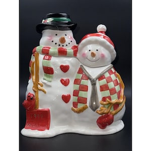 Vintage 1999 Snowman Couple Ceramic Cookie Jar With Hearts & Plaid Scarf Design