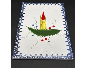 Hand-Painted Cotto Petras Ceramic Trivet With Candle & Holly Design 12" X 8" Made In Italy