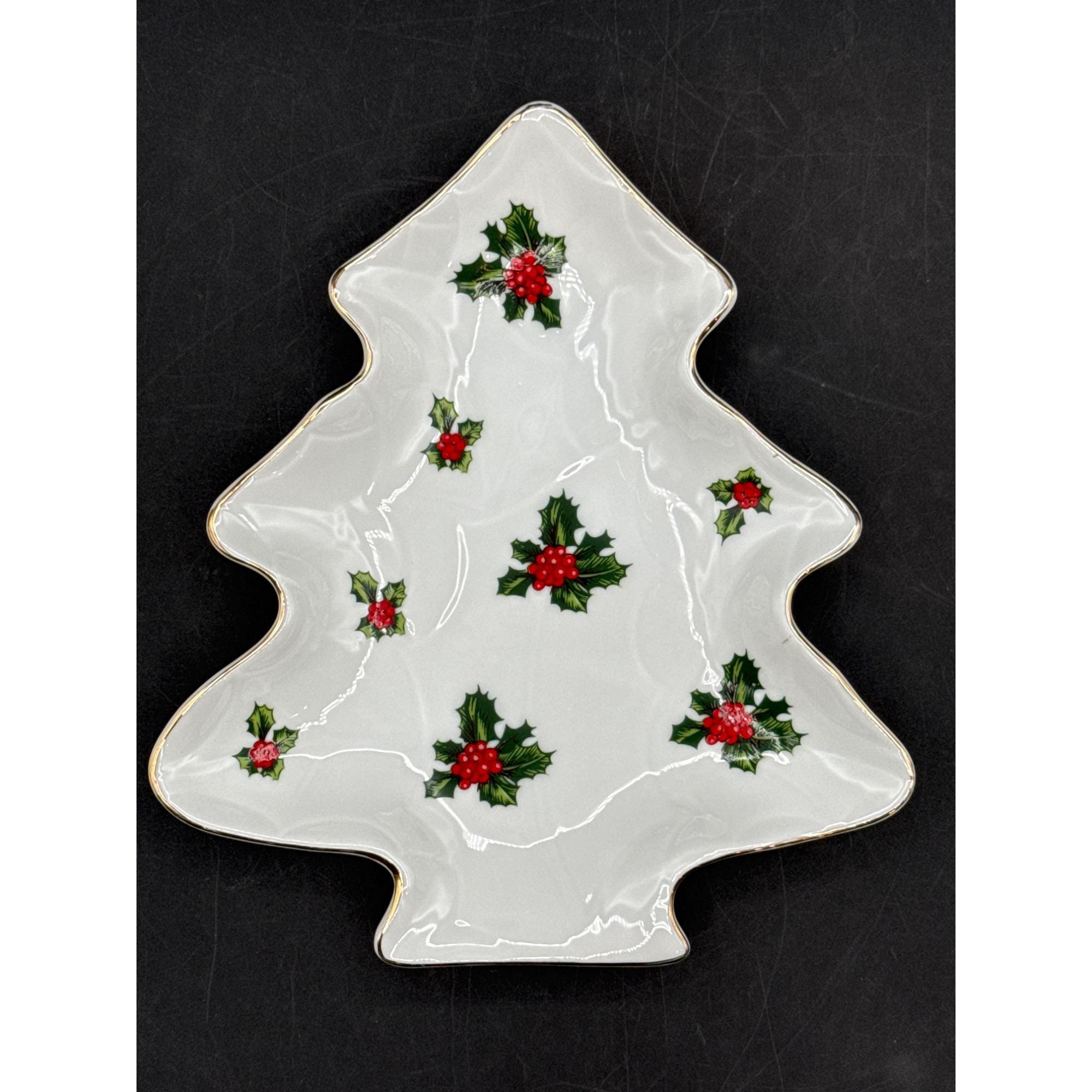 Lefton China Hand Painted Christmas Tree Shaped Candy Dish With Holly & Gold Trim 8.5" X 7.5"