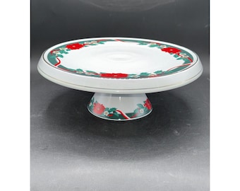 Tienshan Fine China "Deck The Halls" 12" Cake Stand Poinsettia Design Gold Trim