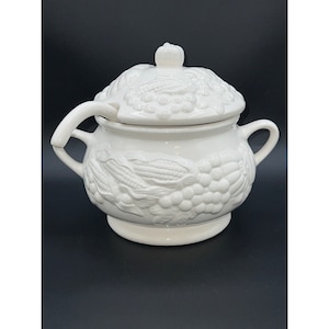 Vintage MCM Large Ceramic White Harvest Soup Tureen with Lid and Ladle