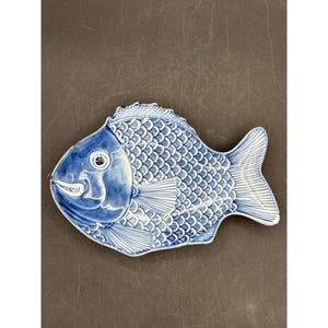 Vintage Japanese Ceramic Fish-Shaped Plate 8.5&quot;x6&quot; Blue & White Hand-Painted Design