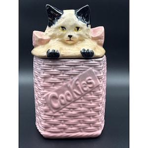Vintage McCoy Pink Basketweave Ceramic Persian Kitten Kitty Cat Cookie Jar 10" Tall