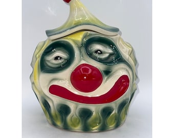 RARE Vintage McCoy Sad Scary Creepy Clown Green Yellow Cookie Jar c.1970 MINT