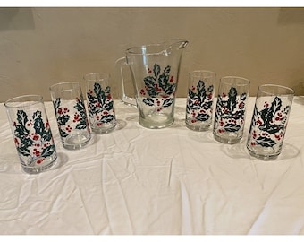 VTG Crisa Glass Holly Berry Christmas Pitcher W/Glasses 7 Piece Set Original Box