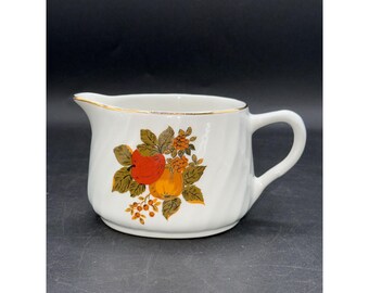 Vintage Enoch Wedgwood Tunstall Ltd. English Harvest Creamer 5.5" x 3" Ceramic With Gold Trim & Fruit Design