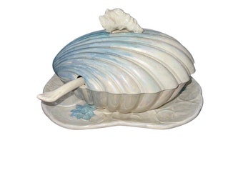 Ceramic Opalescent Blue Clam Shell Tureen Conch Handled Lid Ladle Serving Plater